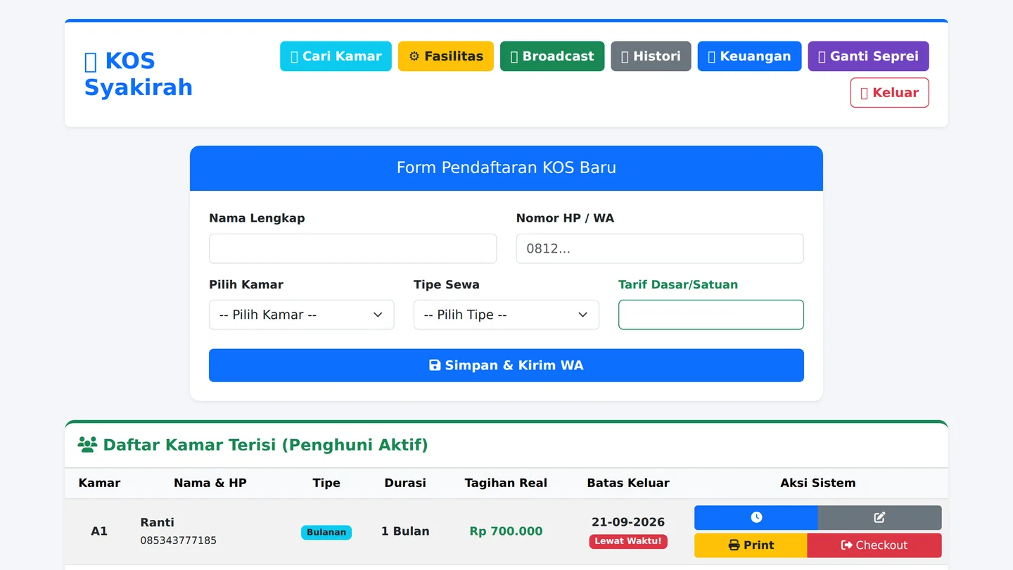 Tampilan dashboard Kos Syakirah